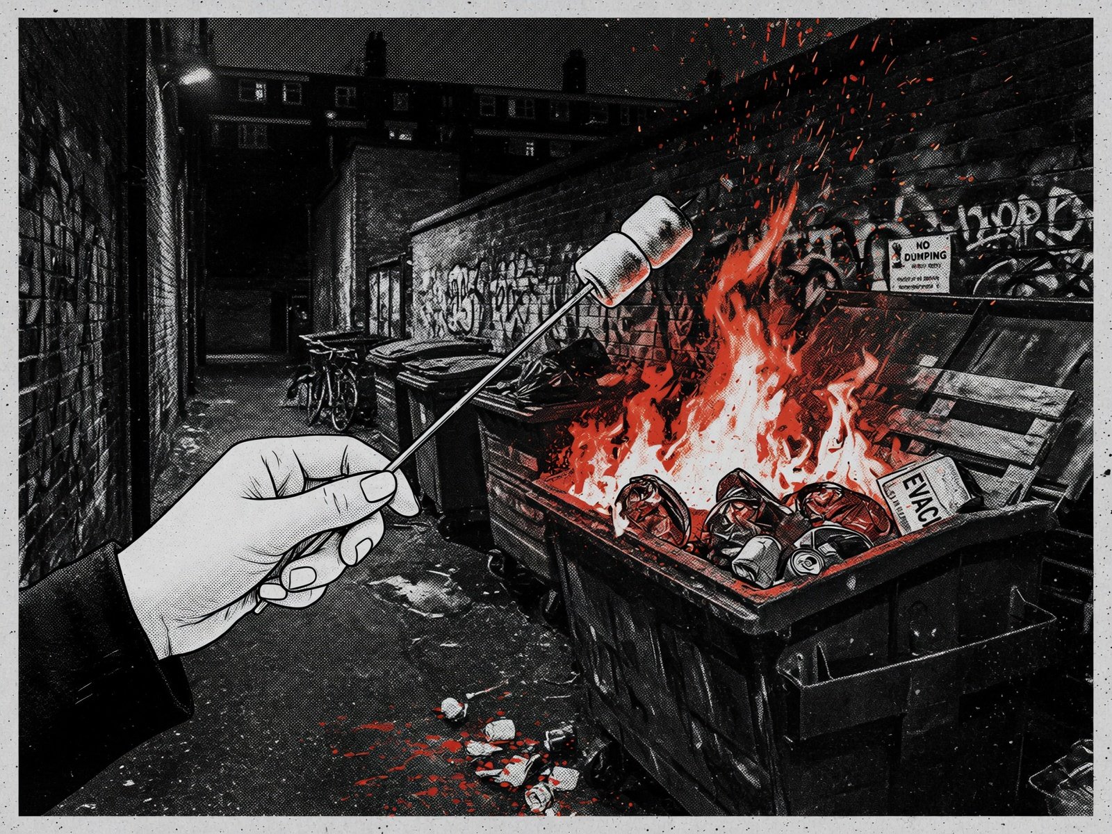 Editorial illustration of a hand calmly roasting a marshmallow over a burning dumpster