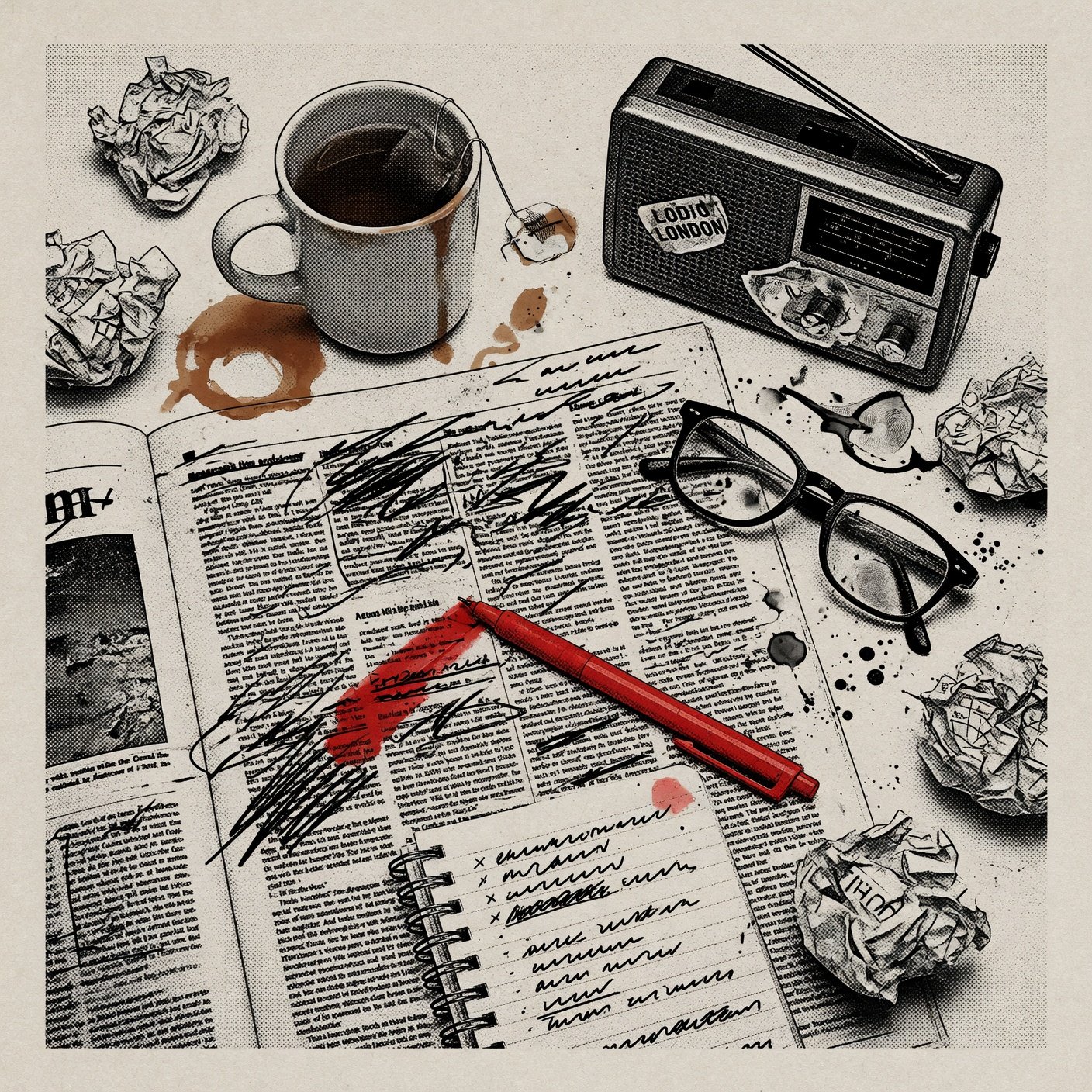 Editorial illustration of a cluttered newsroom desk with tea, a radio and annotated newspapers